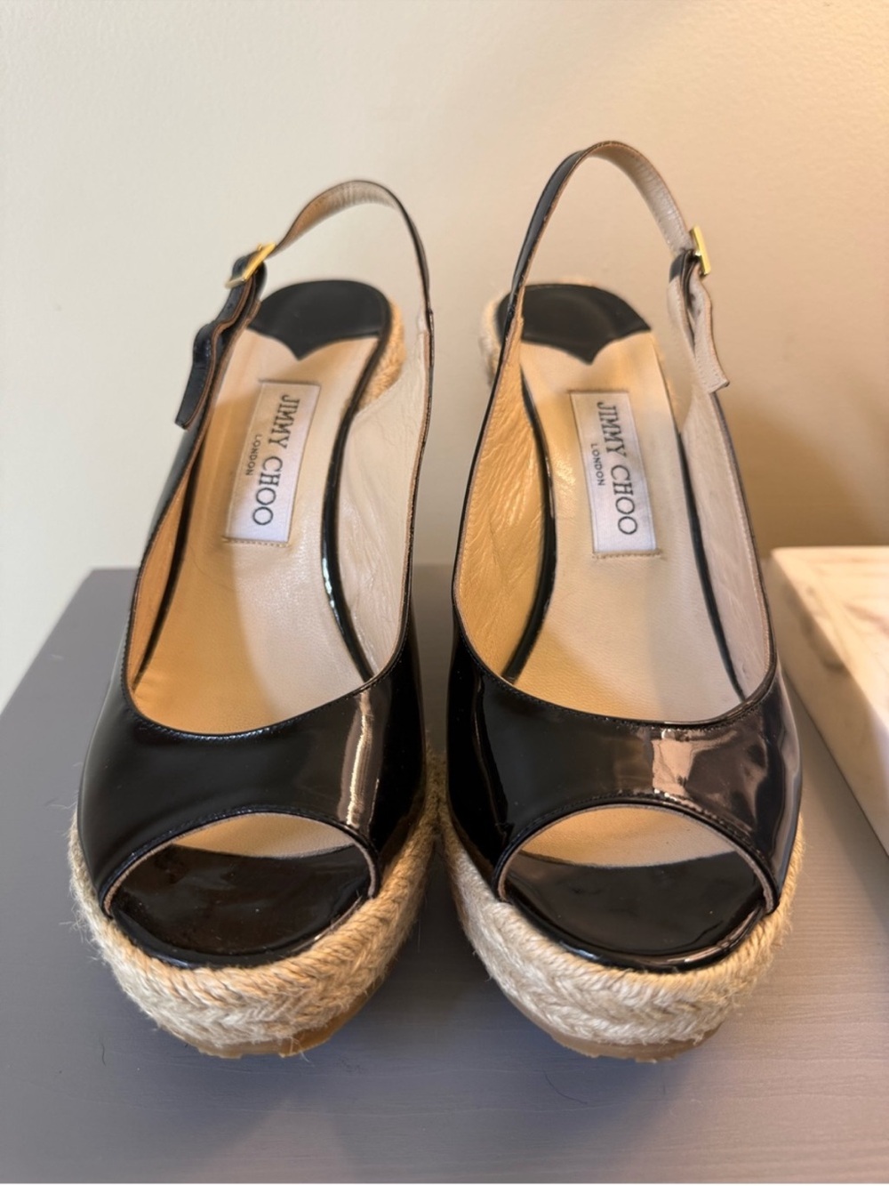 Jimmy Choo Black Patent Leather Espadrille Peep-Toe Wedge Sandals